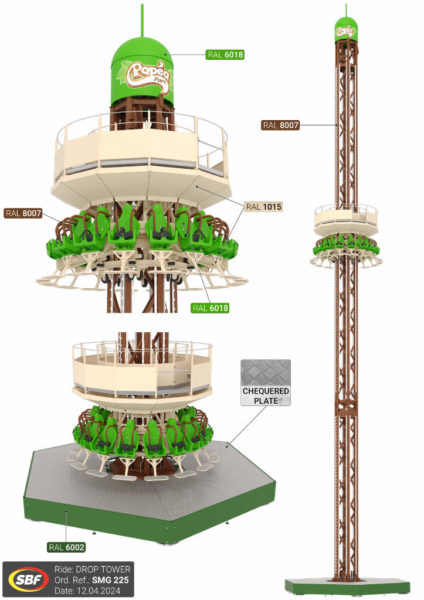 Ein Blick auf die Papea Parc Neuheit 2025. Es handelt sich um einen braunen Free Fall Tower, der eine Grün/Beige Gondel besitzt.